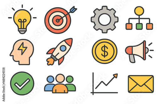 Business startup icon set. Marketing strategy, financial growth, teamwork success. Idea generation, project goal, development process. Rocket launch, data analytics, promotion.