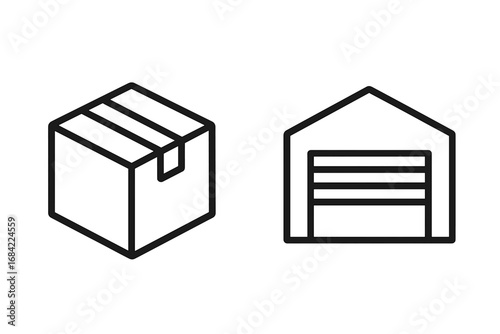 Warehouse with cardboard box icon. Vector illustration for logistics, shipping, and storage. Thin line art for web and apps. Cargo, delivery, and distribution center concept.