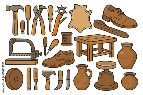 Traditional artisan tools and crafts collection, showcasing leatherworking, shoemaking, woodworking, pottery, and craftsmanship essentials in detailed vector cartoon illustration