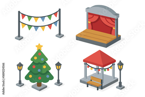Seasonal Festival Icons Isometric Vector Set Featuring Festive Bunting, Stage Performance, Christmas Tree with Lights, Gazebo with Bench and Street Lamps for Holiday Celebrations
