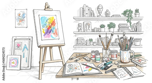 Vibrant artist's workspace brimming with creativity and creative inspiration