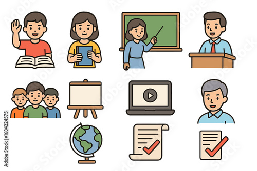 Education icon set with student and teacher characters. School, college, university learning elements. Classroom, e-learning, online course concepts. Vector illustration.