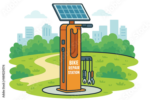 Bike repair station with tools and solar panel in a city park. Public bicycle maintenance point with green energy. Urban cycling infrastructure for bike service. Vector cartoon.