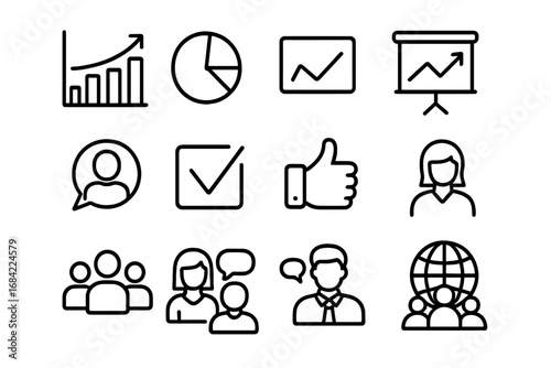 Business communication line icon set. Essential concepts for data analytics, teamwork, presentation, and user feedback. Vector chart, graph, vote, and global team icons for web.