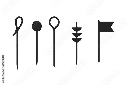 Skewers and Picks Icons Set, Flat Vector Illustration of Bamboo Skewer, Cocktail Pick, Metal Stirrer, Decorative Toothpick, and Flag for Food, Beverage, Party, and Cooking