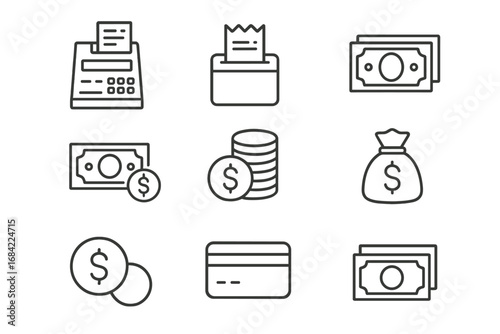 Money thin line icon set with cash register, receipt, dollar bills, coins, credit card, and money bag outline signs for graphic design, web, apps, and advertising