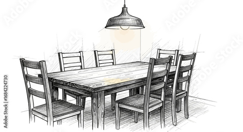 A sketch of a dining table arrangement with chairs and hanging light