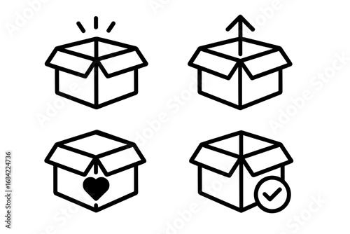 Set of box icons for delivery and shipping. Open package, unboxing, new product, donation with heart, order confirmed with checkmark. Simple line vector illustration for web.