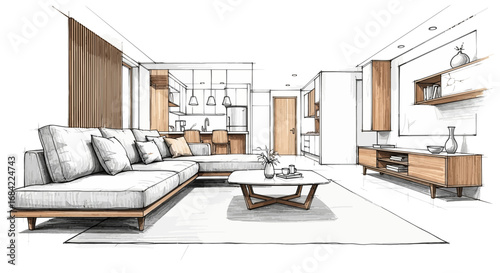 Architectural rendering showcasing the design of a modern open-plan living space