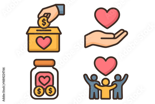 Charity and donation icon set. Community fundraiser symbols. Giving money for a cause. Philanthropy, help and support concept. Vector illustration for nonprofit organization.