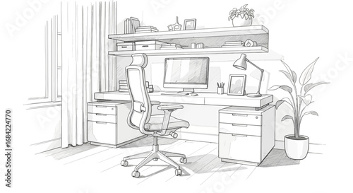 Architectural Sketch of a Contemporary Home Office Interior with Desk