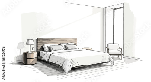 Artistic rendering of a serene bedroom interior with modern design elements