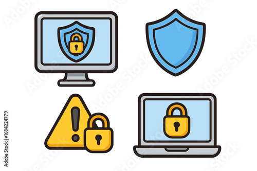 Cybersecurity vector icon set. Digital protection concepts with shield, padlock, computer and laptop. Cartoon illustration for network safety, data privacy and antivirus software.