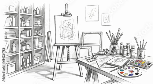 Artist's creative space showcasing art supplies and an unfinished canvas