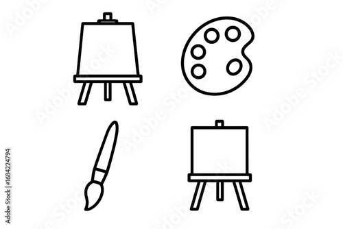 Art supplies line icon set. Easel, paint palette, brush, canvas symbols. Artist tools for painting, drawing, creativity, hobby. Minimalist outline vector illustration.