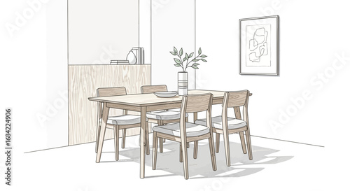Bright dining area with wooden furniture set and stylish wall decorations