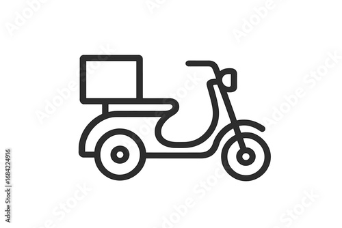 Delivery scooter icon for fast shipping service. Moped with box for food or package transport. Vector line art symbol for courier, logistics, e-commerce, web, and app design.