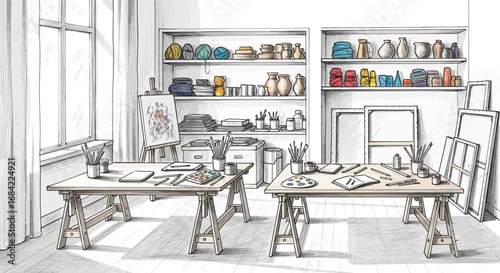Bright art studio with art supplies, canvas and paintings illustration