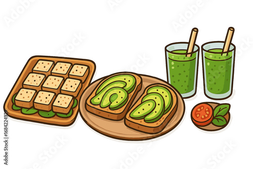Vegan meal options featuring tofu cube snacks with herbs, avocado toast on whole grain bread, and refreshing green smoothies with wooden straws, vector cartoon illustration