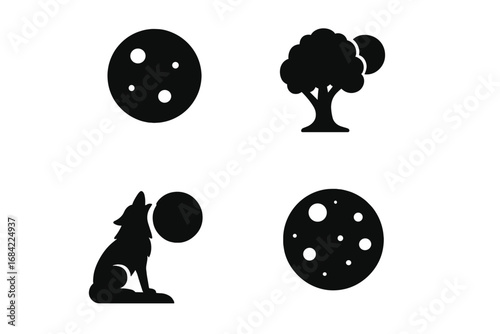 Moonlit Icon Set. Solid filled vector icons of night scenes with full moon, tree silhouette under moonlight, howling wolf, moon phases, mystical nocturnal nature illustrations.