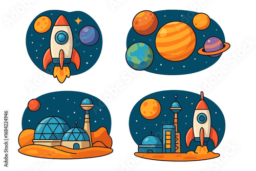 Set of space exploration vector icons. Cartoon rocket launch, solar system planets, futuristic Mars colony with dome base. Sci-fi adventure and astronomy concept illustration.