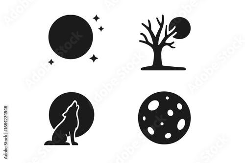 Set of 4 solid filled moonlit night icons with full moon, bare tree silhouette with crescent moon, howling wolf against full moon, and cratered moon vector illustrations on transparent background