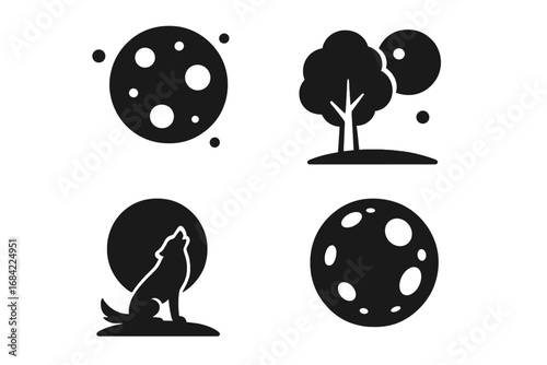 Moonlit Icon Set with Full Moon, Night Scenes, Howling Wolf, Tree Silhouette, Lunar Landscape, Nighttime Nature, Moonlight Vector Illustrations, Solid Filled Icons