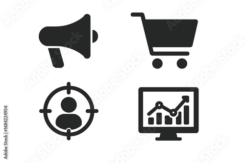 Marketing icon set with solid glyph symbols. Vector illustration of a megaphone for promotion, a shopping cart for e-commerce, a target audience, and an analytics graph for growth.