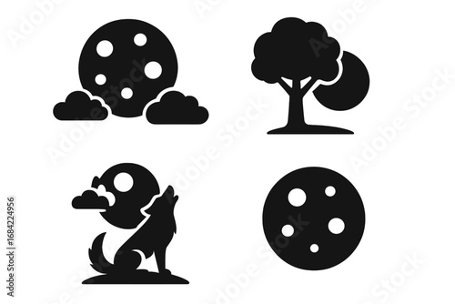 Moonlit Icon Set with Full Moon, Tree Silhouette, Howling Wolf, and Night Sky Elements – Solid Black Filled Vector Illustrations of Mystical Nighttime Scenes and Moonlight Nature Symbols