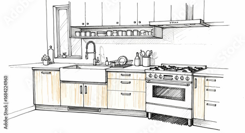 Charming kitchen sketch showcasing a modern design with farmhouse sink and stove