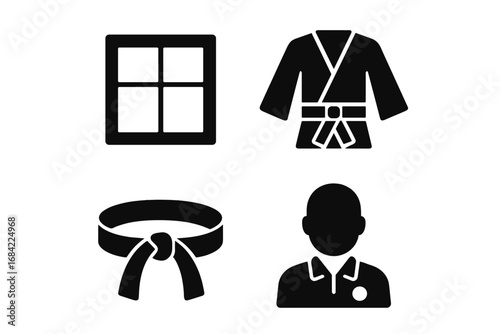 Martial arts solid glyph icon set. Vector symbols of combat sport equipment. Includes dojo tatami mat, gi uniform, black belt, and referee or judge for fight competition.