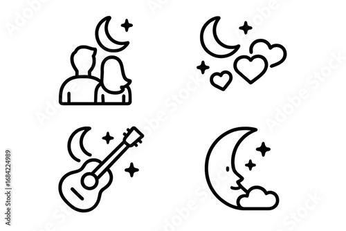 Moonlit romance icons set with couple silhouette, heart-shaped clouds, serenade guitar, and crescent moon with starry night, romantic evening vector outline illustrations