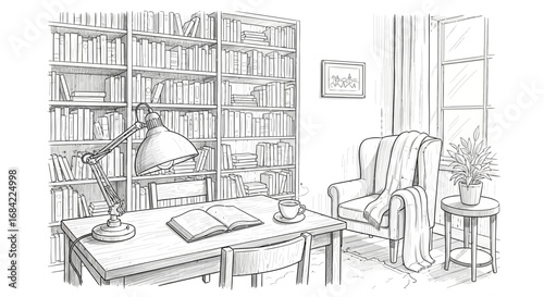 Classic study space sketch featuring bookshelf, desk and comfortable chair