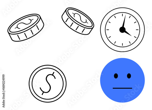 Coins, analog clock, and neutral face representing concepts of time, money, cost, efficiency, and decision-making. Ideal for finance, productivity time management emotions work-life balance