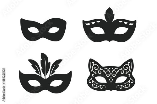 Vector icon set of four masquerade masks. Solid black silhouettes for carnival, party, or ball. Collection includes Venetian, feather, ornate cat, and half-face costume masks.