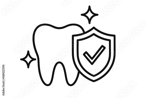 Tooth protection icon. Dental care and hygiene symbol. Healthy tooth with shield and check mark. Dentistry, oral health, and insurance concept. Line art vector illustration.