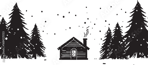 Cozy Winter Cabin Scene Amidst Snowfall and Evergreen Trees a Black and White Illustration for Holiday Season