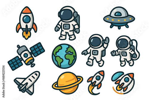 Space exploration icon set with cute cartoon astronaut, rocket ship, UFO, planets, and satellite. Vector graphic collection for kids' design, educational and science themes.
