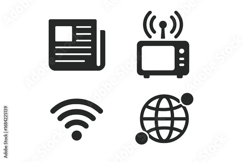 Mass communication solid glyph icons set. Media symbols collection. Newspaper, TV broadcast, radio signal, global internet network. Journalism and press concept vector.