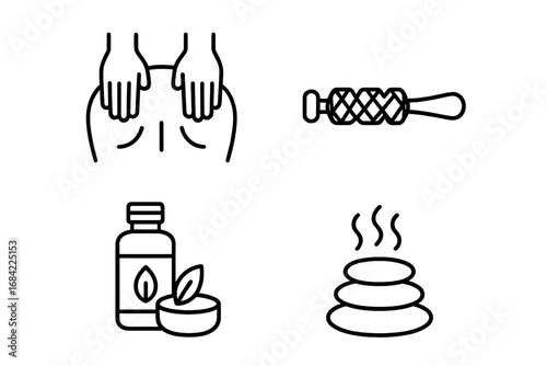 Massage therapy outline icons set. Spa treatment and relaxation symbols. Back massage, hot stones, aromatherapy oil, and body roller. Wellness and health care vector icons.