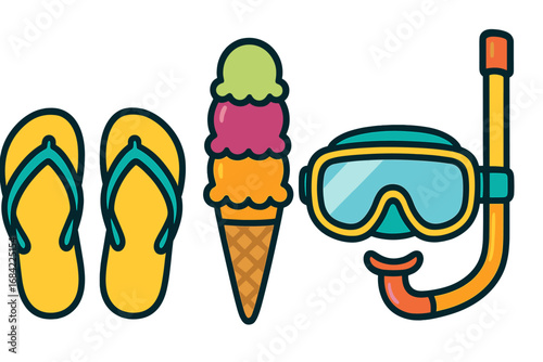 Summer beach vacation essentials icon set. Vector collection with flip flops, ice cream, and snorkel mask for diving. Holiday and travel fun leisure and recreation objects.
