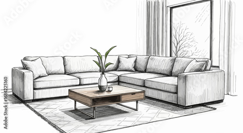 Cozy home interior with a stylish sofa, table and window decoration