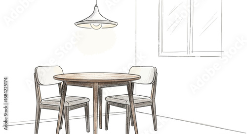 Cozy dining nook with round table, chairs and hanging lamp illustration
