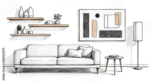 Cozy interior design with modern sofa, shelves and abstract painting