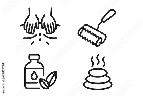 Massage therapy and spa treatment outline icon set. Vector symbols for wellness, relaxation, and body care. Includes hot stone, aromatherapy oil, and massage roller icons.