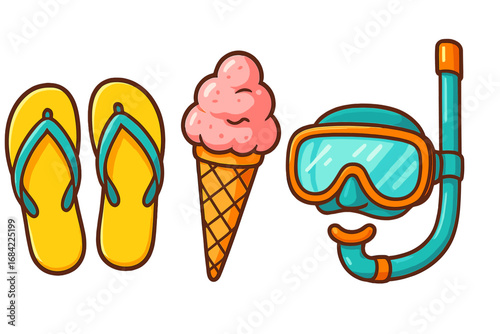 Summer beach essentials set. Vector icon collection with flip flops, ice cream and snorkel mask. Holiday vacation travel concept. Sea swimming and diving gear. Cute cartoon.