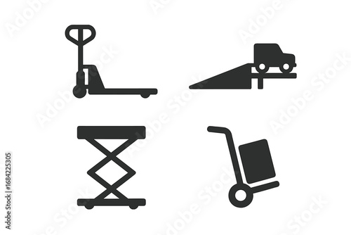Material handling equipment icon set. Solid glyph vector symbols for warehouse, logistics, shipping, and freight. Includes pallet jack, truck on loading dock ramp, scissor lift, and dolly.