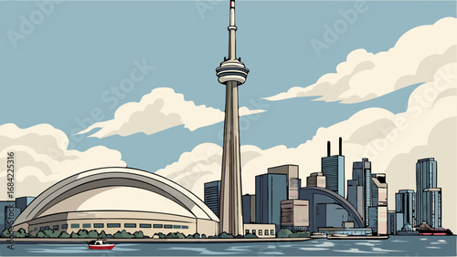Illustrated cityscape skyline modern architecture urban landscape iconic tower waterfront view stylized art vector illustration city background travel poster postcard design architectural drawing bui.