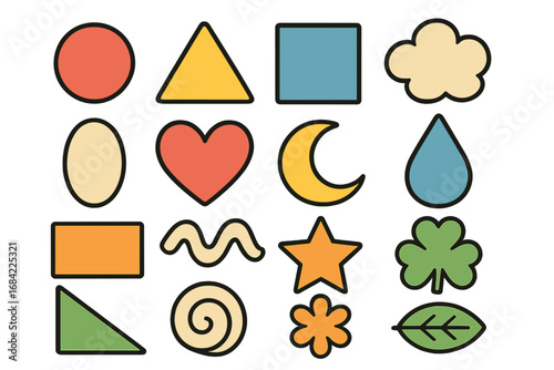 Colorful vector cartoon illustration of geometric shapes and organic forms arranged in a neat grid layout for educational and design purposes, icons for learning and creativity