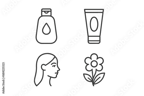 Beauty skincare cosmetics line icon set. Woman face profile, natural flower, shampoo bottle, cream tube. Organic cosmetic product. Health care pictogram for web and apps. Vector